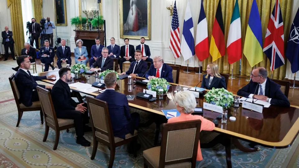 President Donald Trump speaks during a meeting with European leaders at the White House in Washington on August 18, 2025. - Tom Brenner/The Washington Post/Getty Images