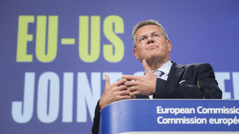 a man with glasses stands in front of a blue screen that reads EU-US Joint Commission in yellow and white font