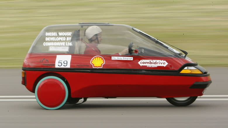 A driver speeds along during the Shell Eco-Marathon at the Rockingham Motor Speedway on July 30, 2004 in Corby, England.