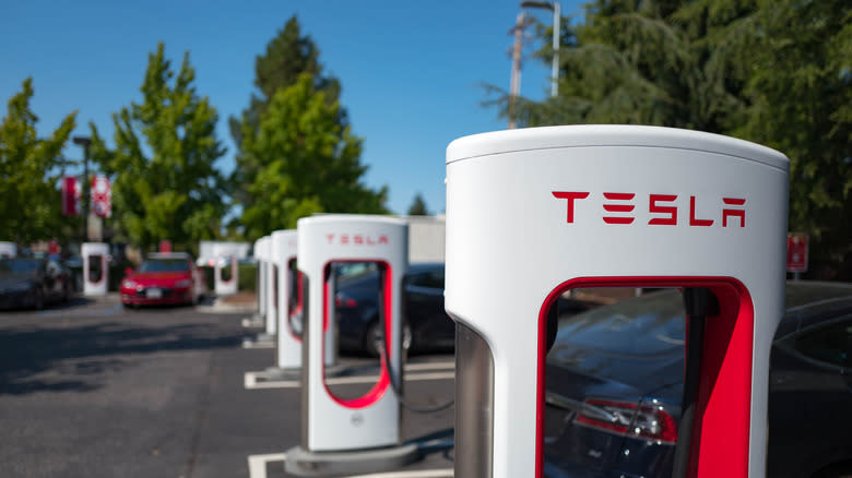 a row of tesla car chargers on a sunny day