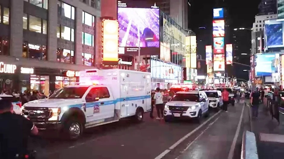 WABC - PHOTO: A shooting in Times Square wounds 3 people, Aug. 9, 2025, in New York.