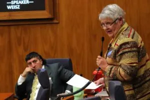  North Dakota Senate Minority Leader Sen. Kathy Hogan, right, D-Fargo, speaks next to Rep. Nico Rios, R-Williston, during the organizational session on Dec. 3, 2024. (Michael Achterling/North Dakota Monitor)