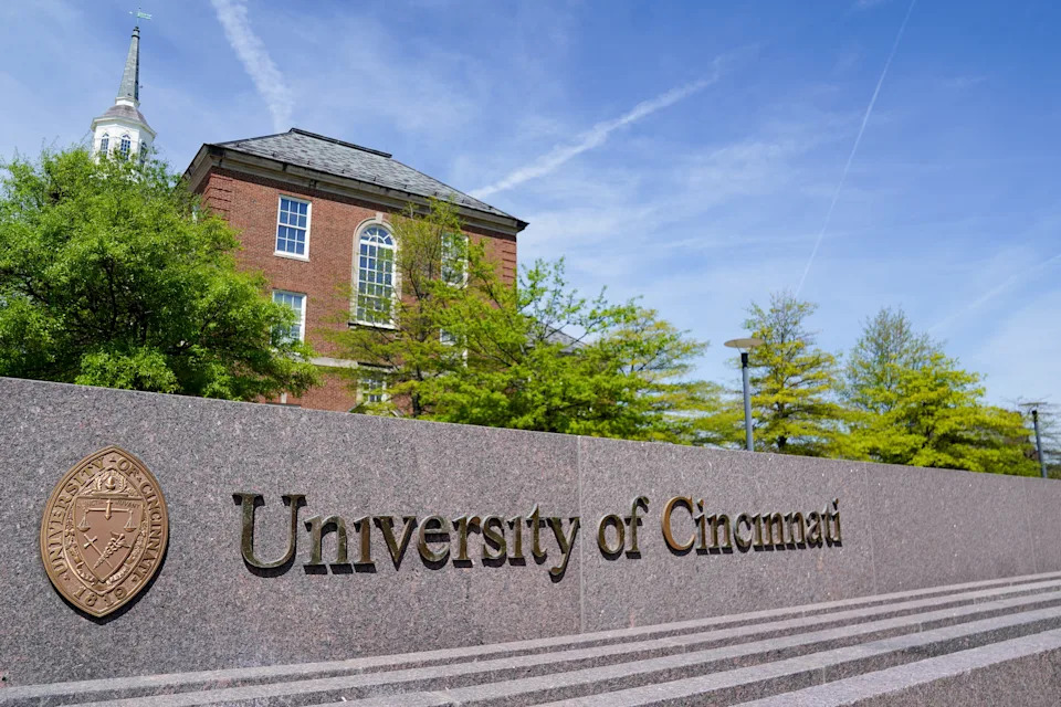 A historic fountain sits next to the College of Arts & Sciences building, Tuesday, April 22, 2025, at the University of Cincinnati in Cincinnati.