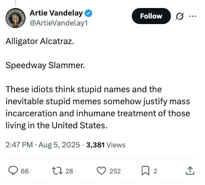 A tweet by Artie Vandelay critiques humorous prison names and memes, arguing they trivialize mass incarceration and inhumane treatment in the U.S