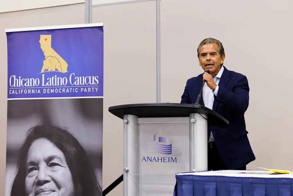 Antonio Villaraigosa speaks to the Latino Caucus at the California Democratic convention at the Anaheim Convention Center.