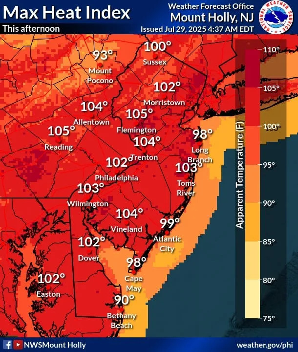 A heat advisory will in effect for northern Delaware, portions of New Jersey and southeastern Pennsylvania on July 29 as temperatures continue to rise through July 30.