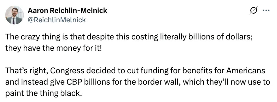 Tweet criticizing Congress for cutting funding for American benefits and allocating billions to CBP for the border wall, including painting it black