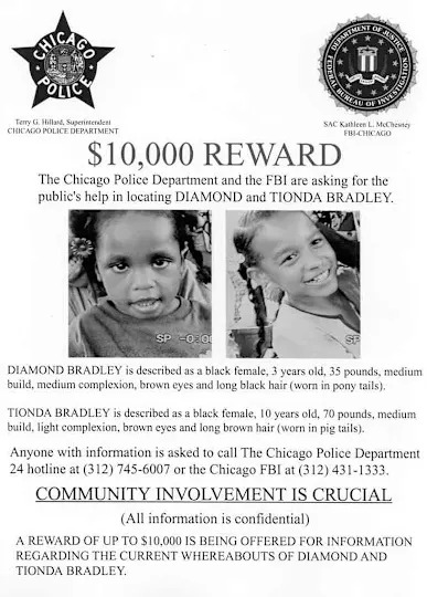 Reward poster seeking information on Diamond and Tionda Bradley, missing since July 6, 2001; includes contact details for Chicago Police and FBI