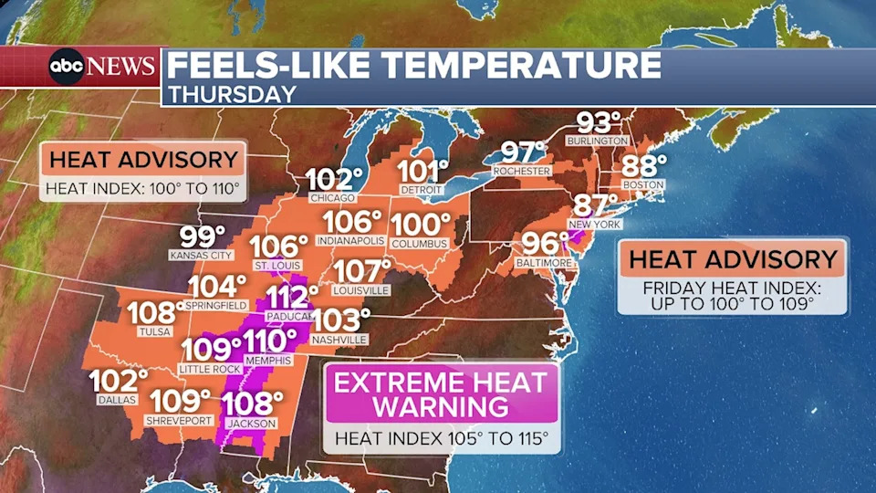 ABC News - PHOTO: Feels-like temperatures for Thursday, July 24, 2025.