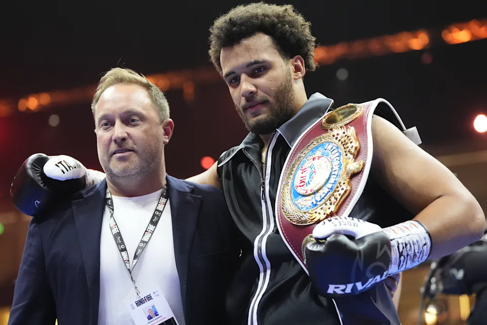 Moses Itauma (right) with manager Francis Warren after beating Ilja Mezencev in their Heavyweight bout at Kingdom Arena, Riyadh. Picture date: Saturday May 18, 2024. (Photo by Nick Potts/PA Images via Getty Images)