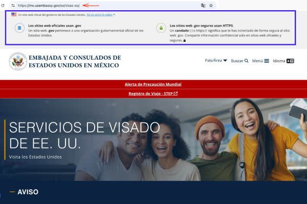Las páginas oficiales del gobierno de EU muestran un recuadro en la parte superior que las identifica como tal.