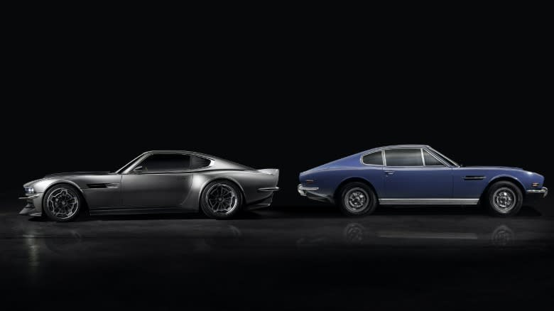 a side-by-side photo of an original '71 Aston Martin DBS and Octavia in a blacked-out room