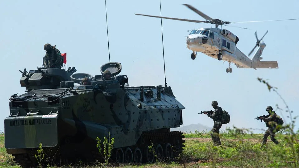 A Thai amphibious assault vehicle seen during an assault exercise as part of the Cobra Gold 2025 joint military exercise at the military base in Sattahip, Chonburi province, Thailand, on March 3, 2025. - Peerapon Boonyakiat/SOPA Images/LightRocket/Getty Images