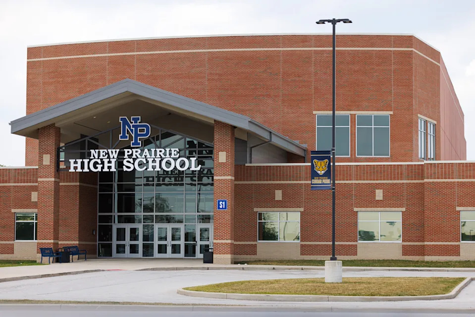 The front of New Prairie High School on Tuesday, July 8, 2025, in New Carlisle.