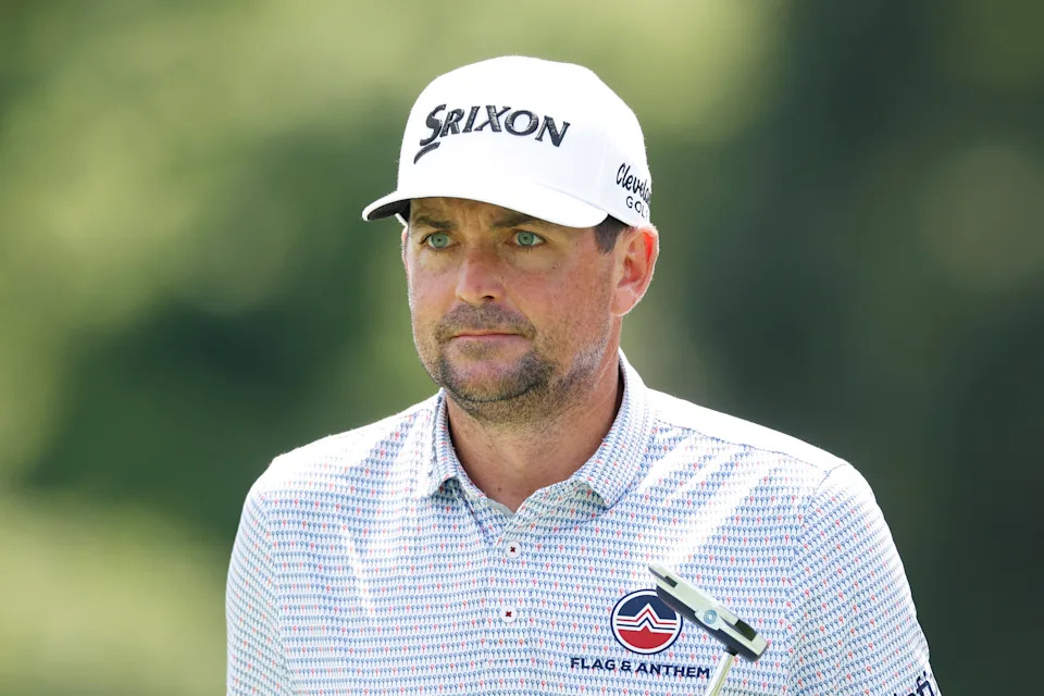 GREENSBORO, NORTH CAROLINA - JULY 30: Keegan Bradley of the United States looks on prior to his putt on the 15th green prior to the Wyndham Championship 2025 at Sedgefield Country Club on July 30, 2025 in Greensboro, North Carolina. (Photo by Johnnie Izquierdo/Getty Images)