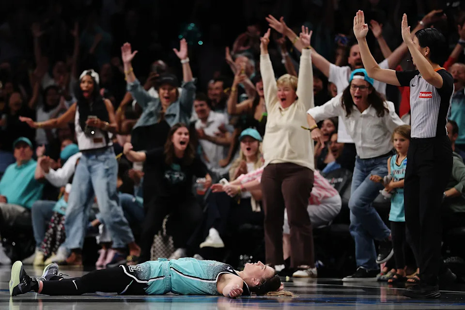 NEW YORK, NEW YORK - AUGUST 19: Sabrina Ionescu #20 of the New York Liberty reacts after scoring a three-point shot in the final minute of the game against the Minnesota Lynx at Barclays Center on August 19, 2025 in the Brooklyn borough of New York City. The Liberty won 85-75. NOTE TO USER: User expressly acknowledges and agrees that, by downloading and or using this photograph, User is consenting to the terms and conditions of the Getty Images License Agreement. (Photo by Sarah Stier/Getty Images)