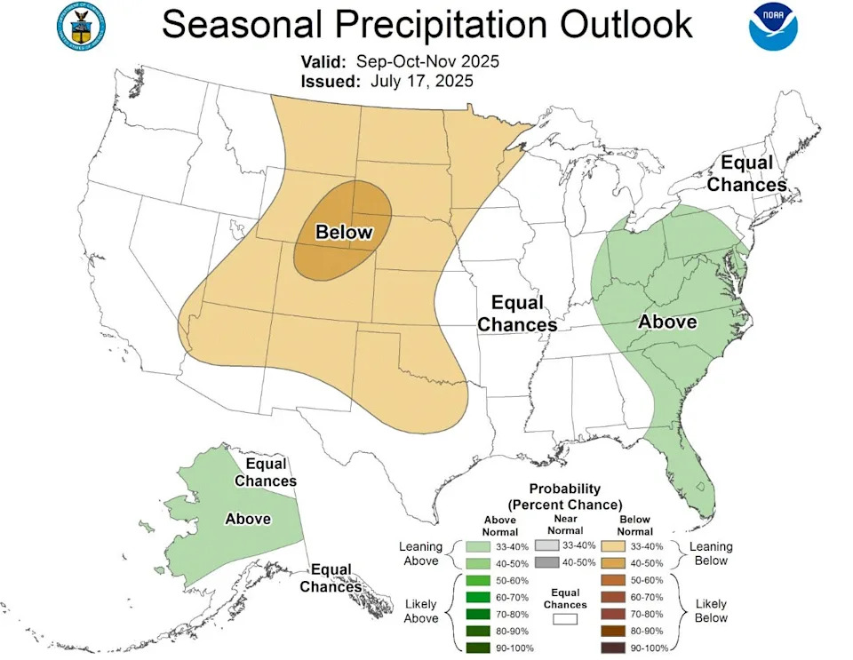 Seasonal precipitation outlook for September, October and November 2025 across the U.S.