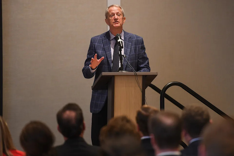 Sanford School of Medicine Dean Dr. Tim Ridgeway speaks Thursday, Aug. 14, 2025, during the Sanford School of Medicine announcement presentation at Canopy by Hilton in Sioux Falls.