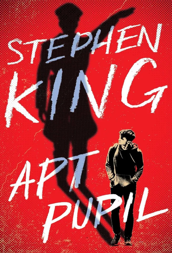 Cover of "Apt Pupil" by Stephen King, featuring a shadowy figure and a boy, conveying suspense and intrigue