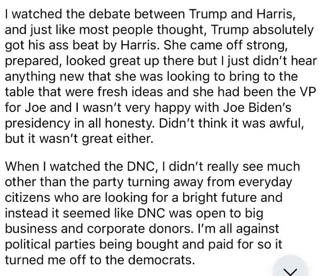 Summary of text: The writer discusses impressions of a debate between Trump and Harris, praising Harris. They express disappointment with both political parties