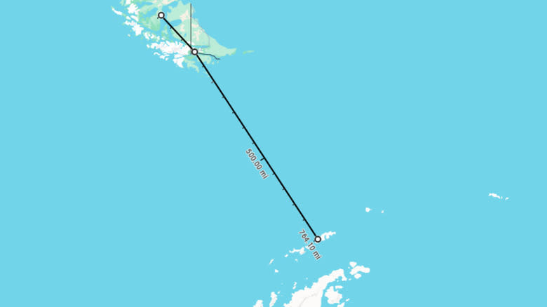 Google Maps rendering of the distances between Punta Arenas, Ushuaia, and King George Island