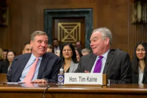  U.S. Sens. Mark Warner (left) and Tim Kaine, both Virginia Democrats, have condemned the Labor Department’s pause of contractor-run Job Corps centers, calling the program a vital lifeline for vulnerable youth. (Official U.S. Senate photo by Rosa Pineda)
