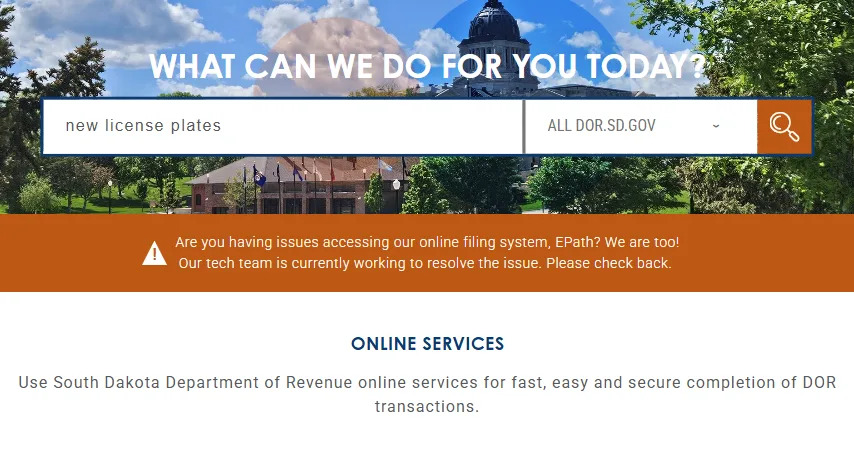 Department of Revenue homepage on Aug. 19, 2025 during a state government network outage. (Courtesy of South Dakota Department of Revenue)