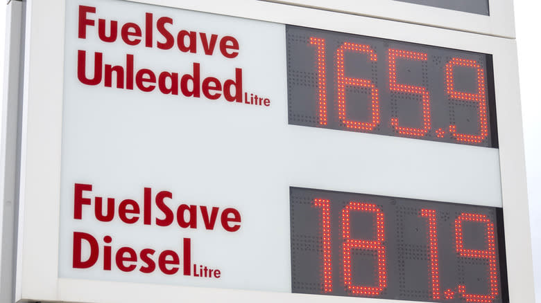 Diesel and gasoline prices at a gas station