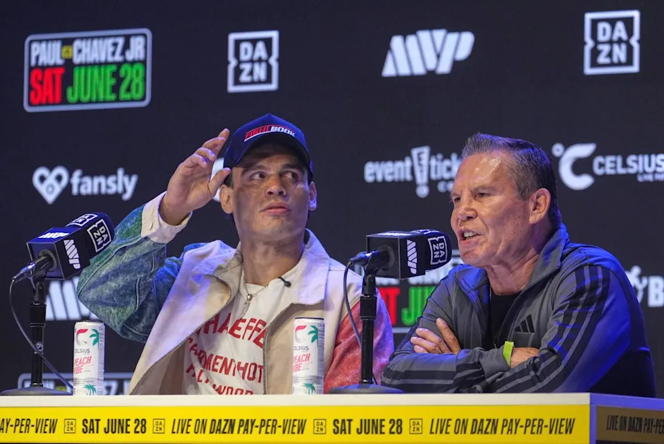 Boxers Julio César Chávez, right, and his son Julio César Chávez Jr., during a news conference in Los Angeles in May.