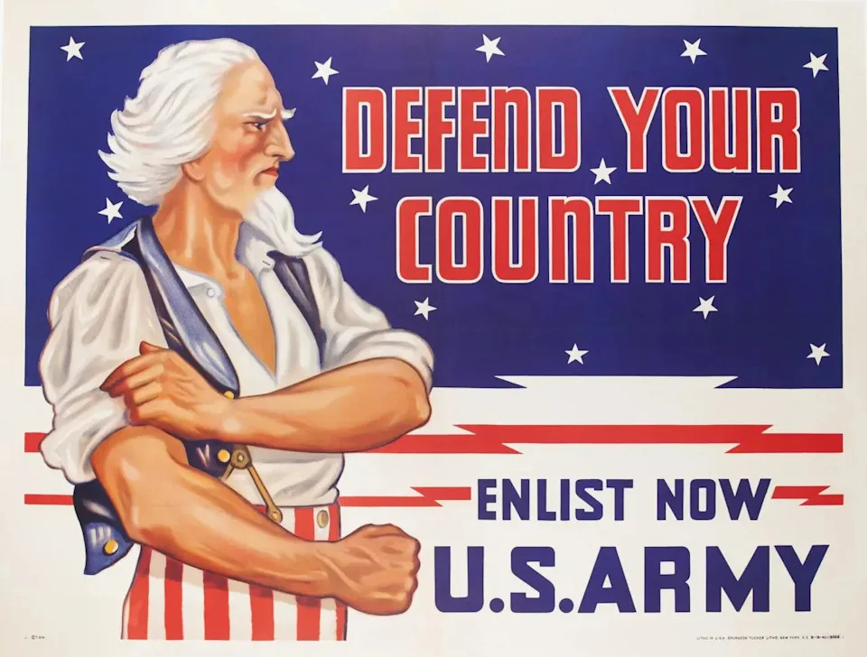 1940 World War Two US Army recruiting poster with muscle flexing Uncle Sam.