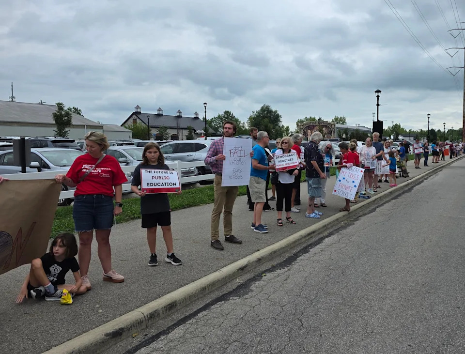 Protestors outside of "The Future of Ohio Education" panel in Hilliard said that gubernatorial candidate Vivek Ramaswamy would threaten public schooling if elected.