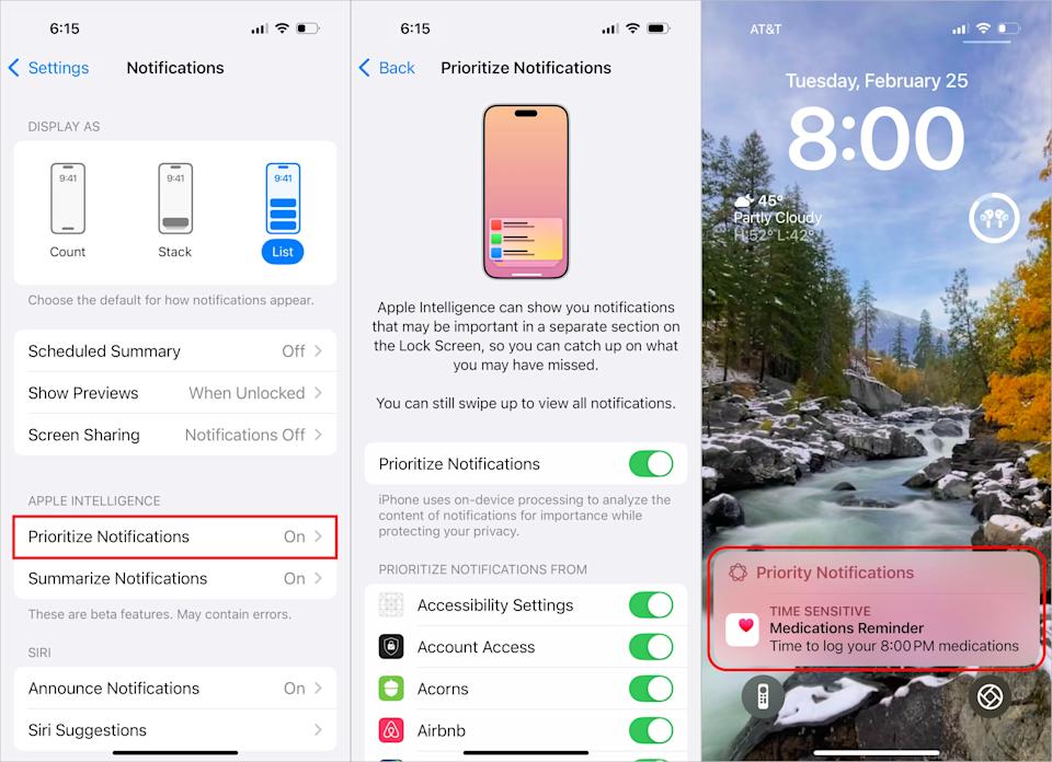 Three iPhone screenshots showing the Prioritize Notifications setting and an example of a priority alert.