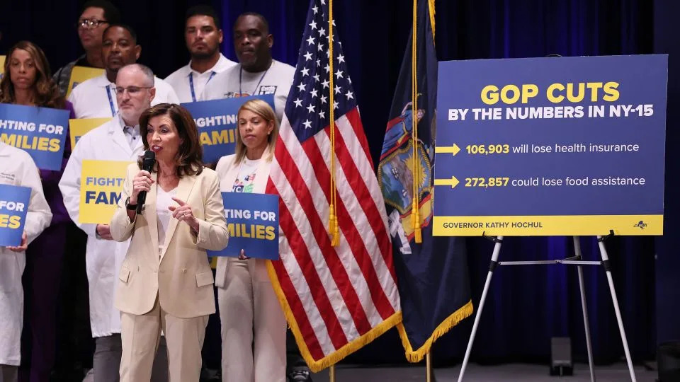New York Gov. Kathy Hochul speaks during a press conference on federal cuts to healthcare after the passage of the One, Big, Beautiful Bill at Lincoln Hospital in New York, on August 18. - Michael M. Santiago/Getty Images