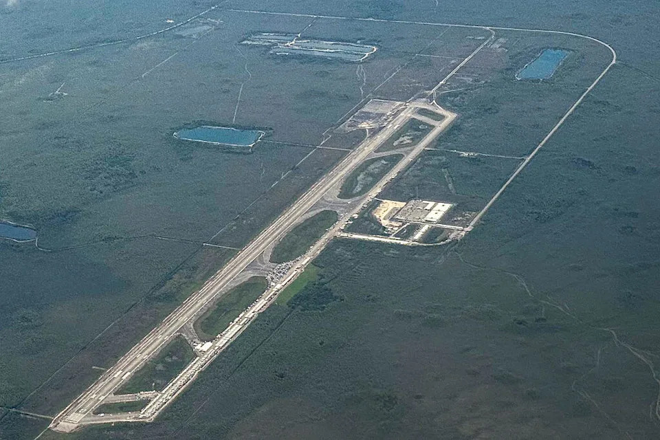 An aerial view of a migrant detention center, dubbed Alligator Alcatraz, in Ochopee, Florida, on July 7, 2025. / Credit: CHANDAN KHANNA/AFP via Getty Images