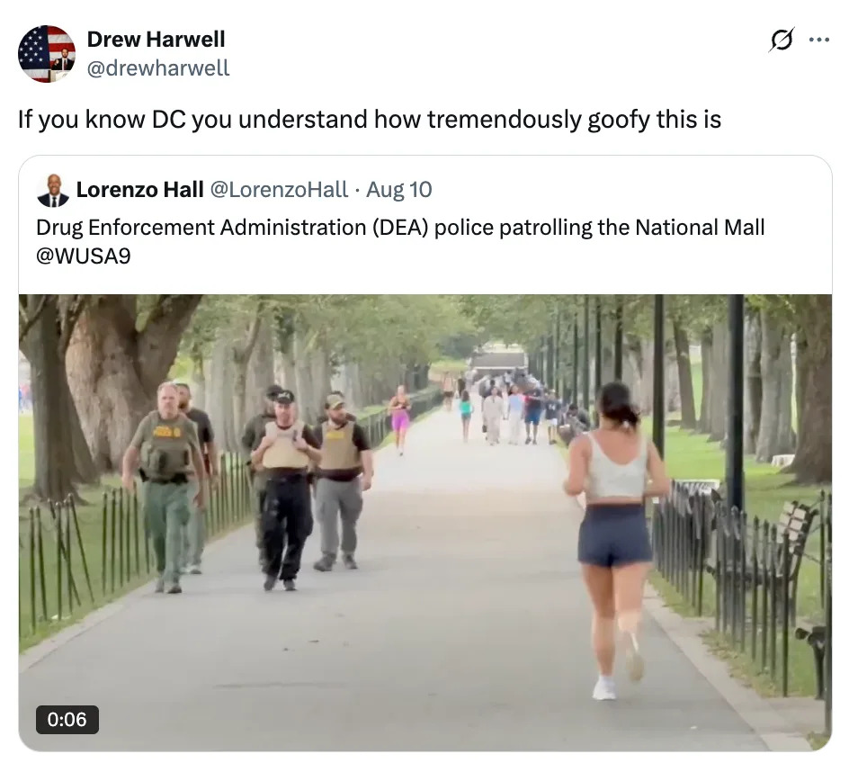Tweet about DEA police patrolling the National Mall, highlighting the peculiarity of this situation in Washington, D.C