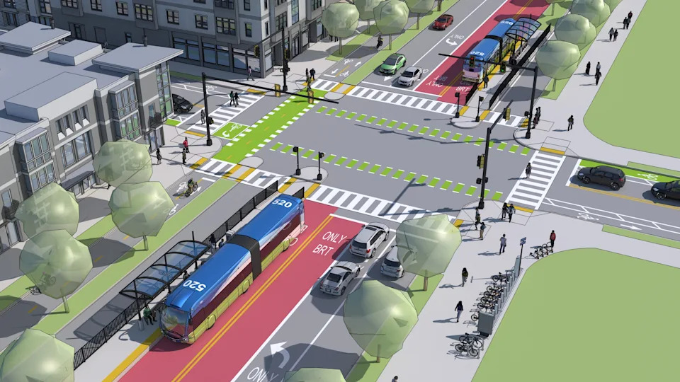 A rendering of a bus rapid transit corridor proposed in the LinkUS transit plan from COTA and other entities.