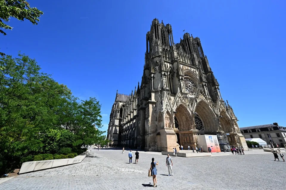 This photograph shows the Gothic Notre-Dame de Reims Cathedral in Reims, eastern France, on July 4, 2025. (Photo by FRANCOIS NASCIMBENI / AFP) (Photo by FRANCOIS NASCIMBENI/AFP via Getty Images)