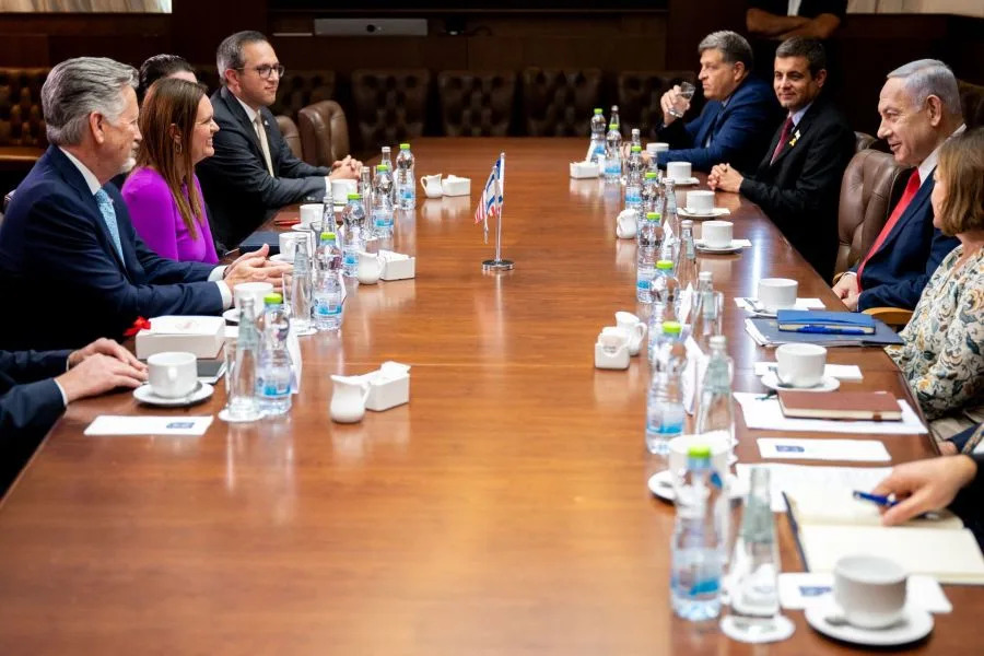 Governor Sarah Huckabee Sanders and Arkansas Secretary of Economic Development Hugh McDonald with Israeli Prime Minister Benjamin Netanyahu and others in his office in Jerusalem, Israel on Wednesday, August 6th. Photo credit: Will Newton.