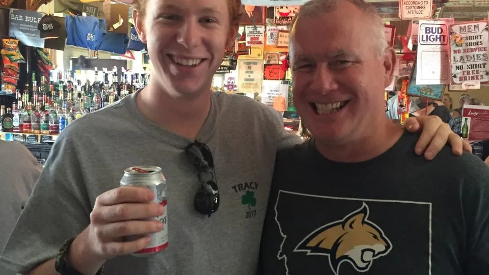 Chris McNaughton (left) poses with his cousin, Tim Stulc, at The Owl Bar in 2017. - Chris McNaughton