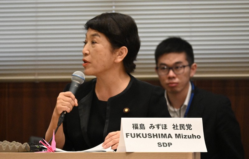 討論会に参加した社民党の福島みずほ党首＝広島市中区の広島弁護士会館で2025年8月5日午後5時30分、西山夏奈撮影