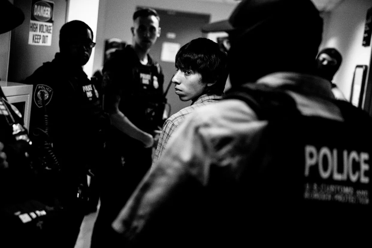 <span>A young man is detained by federal agents after an immigration hearing in the Jacob K Javits federal building in New York on 16 July 2025.</span><span>Photograph: Julius Constantine Motal/The Guardian</span>