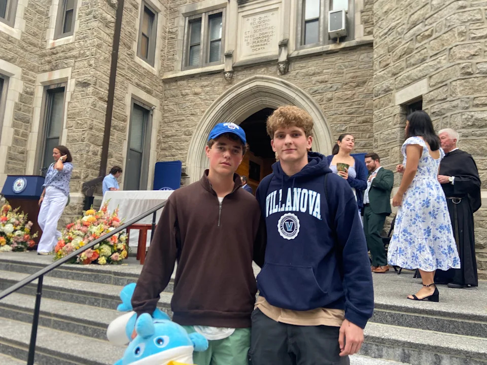 From left, freshmen Randall Carter and Charlie Schwartz outside of Corr Chapel on Aug. 21, 2025 after an active shooter call was labeled a hoax at Villanova University.
