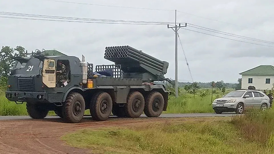 A Cambodian BM-21 multiple rocket launcher returns in Preah Vihear province from the Cambodia-Thai border as troops from both sides clash on July 24. - Stringer/AFP/Getty Images