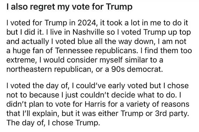 The text discusses the author's regret about voting for Trump in 2024, mentioning their political stance and decision-making process