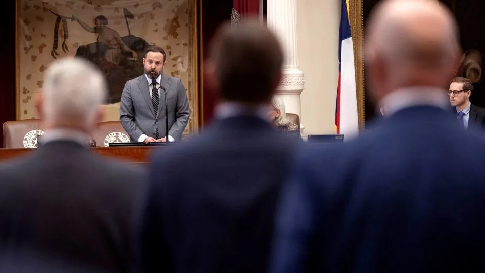 Speaker of the Texas House of Representatives Dustin Burrows addresses lawmakers at the Texas State Capitol on Tuesday. - Nuri Vallbona/Reuters
