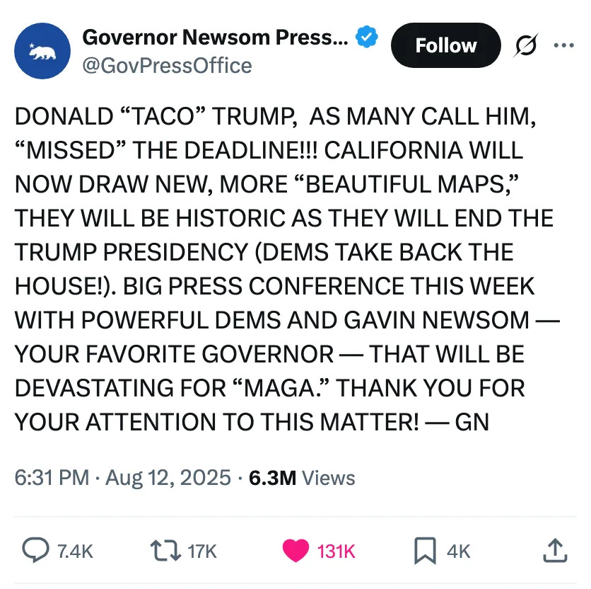 Governor Newsom tweets sarcastically about Donald Trump's deadline and hints at Democrats' plans to end his presidency