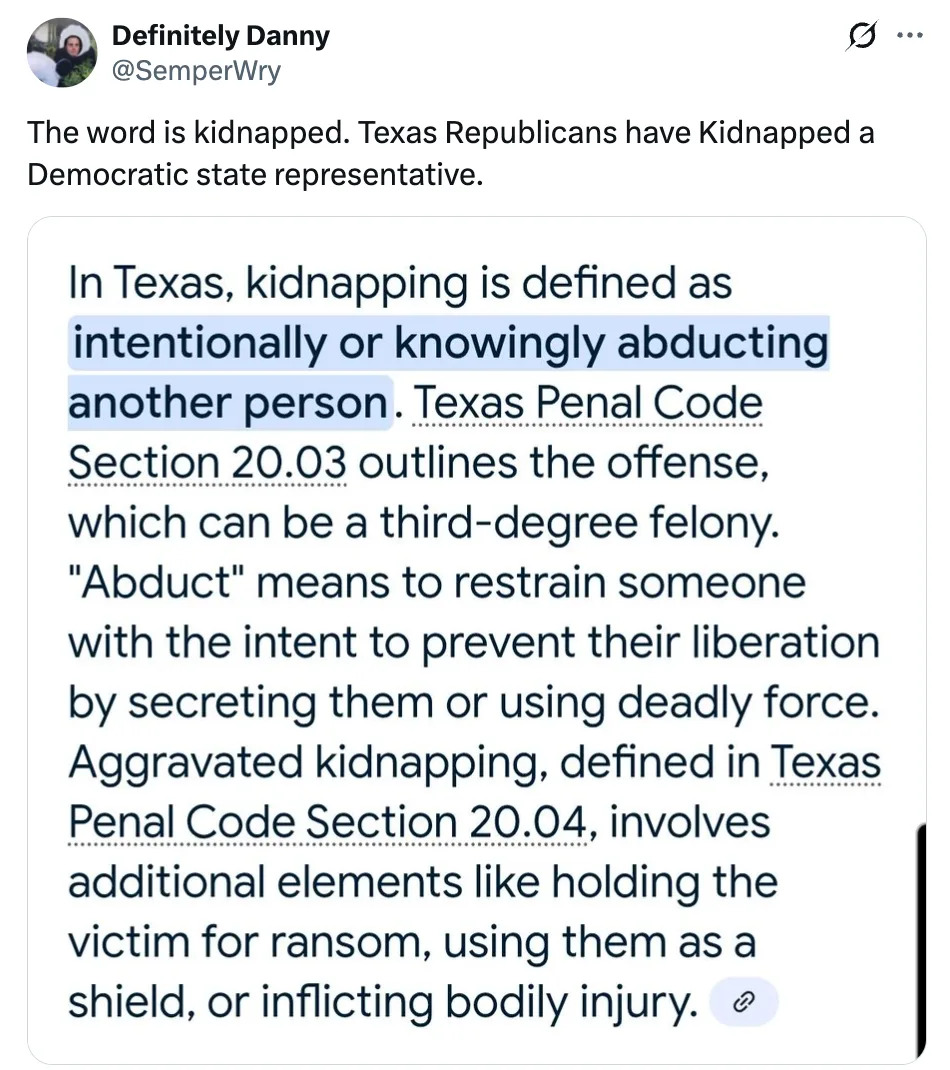 Tweet discussing definitions of kidnapping under Texas Penal Code, mentioning intentional abduction and related felony charges