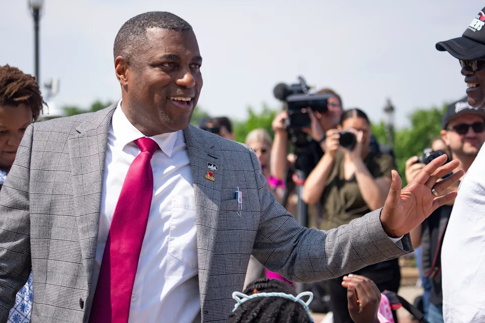 Rep. Eddie Andrews greets supporters during his gubernatorial campaign announcement at the Iowa State Capitol on June 4, 2025, in Des Moines.