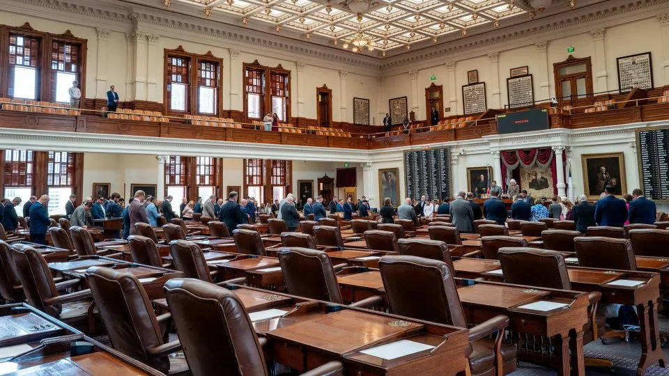 Empty seats are seen as a Texas House meeting is called to order at the state Capitol in Austin on Tuesday, August 5. Texas Democratic lawmakers fled the state to protest a proposed Republican redistricting plan. - Brandon Bell/Getty Images