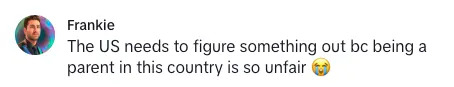 A message expressing frustration about parenting challenges in the US, accompanied by a crying emoji